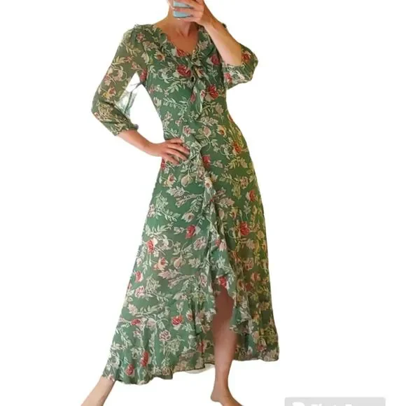 Skies are Blue green maxi dress floral ruffle trim 3/4 sleeves size Medium - Picture 1 of 8